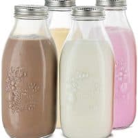Estilo Dairy Reusable Glass Milk Bottles with Metal Lids (Set of 4), 33.8 oz, Clear