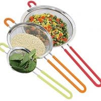 Fine Mesh Stainless Steel Strainer Set of 3 with Silicone Handles - Large, Medium & Small Size - Ideal to Strain Pasta Noodles, Quinoa, Cocktails, Tea, Sift & Sieve Flour & Powdered Sugar - Free EBook