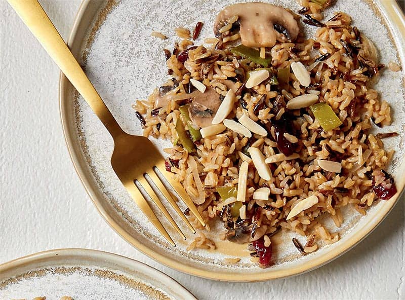 Brown and Wild Rice Pilaf with Mushrooms and Snow Peas