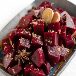 Instant Pot Asian Pickled Beets on a pottery plate