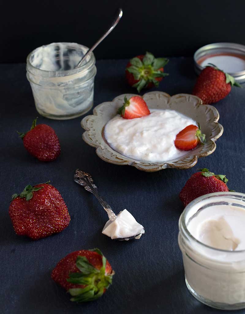 Homemade soy yogurt in your Instant Pot served in a ceramic dish with fresh strawberries.