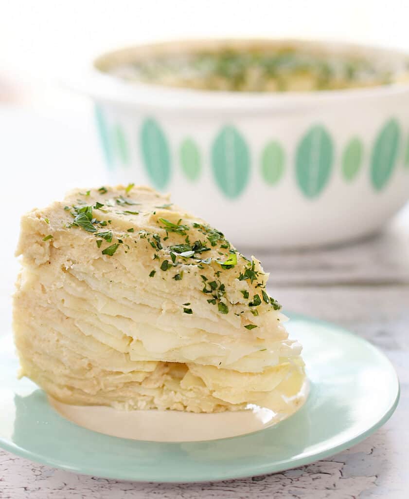 Close up of layers in scalloped potato serving