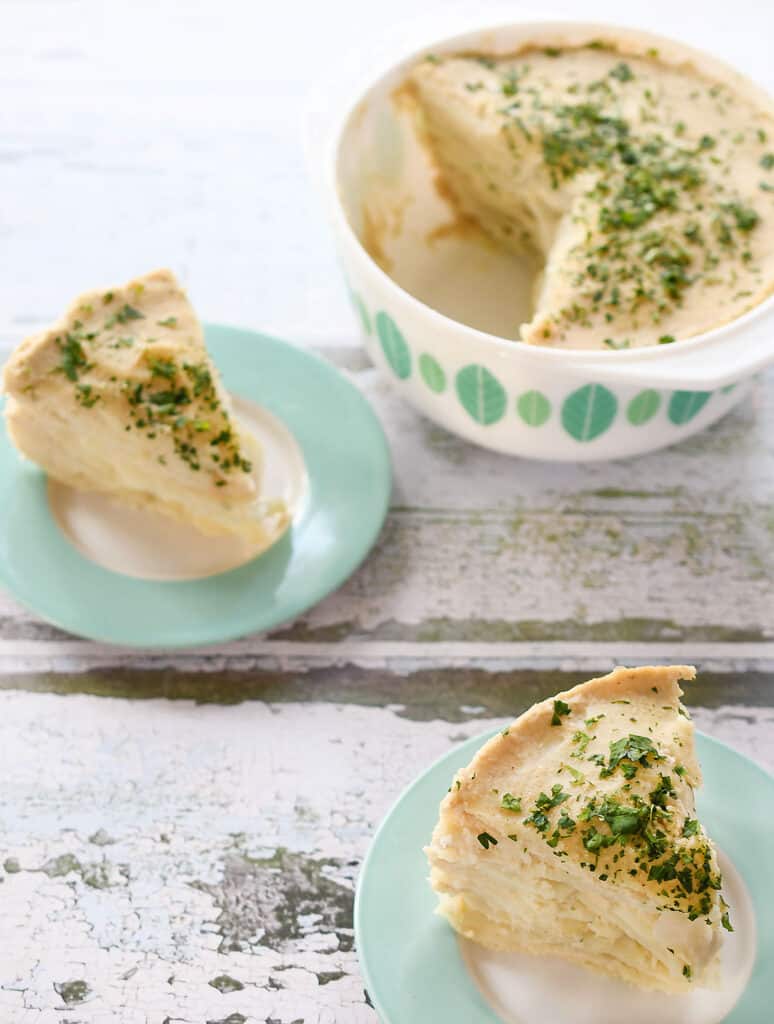 Vegan scalloped potatoes in a pyrex dish 