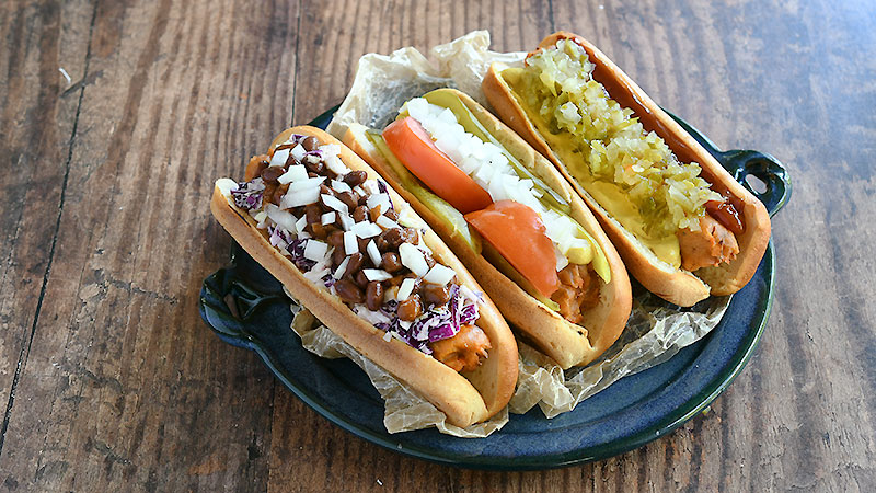 3 vegan hotdogs, one Carolina style, 1 Chicago style, and one for kids.