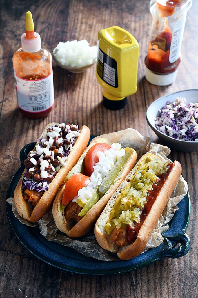 An assortment of gf plant based hot dogs.