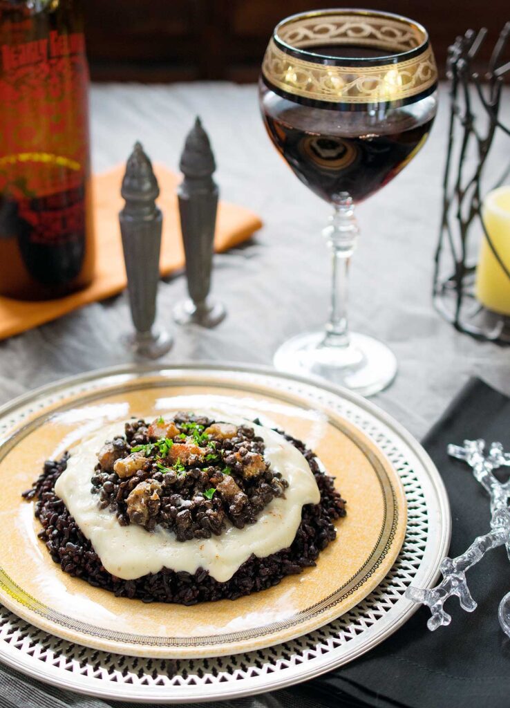 Black rice is actually great for you and is a whole grain, beluga lentils cook quickly and butternut squash paints on some bright colors. The cauliflower puree is the base for the sauce that ties it all together.