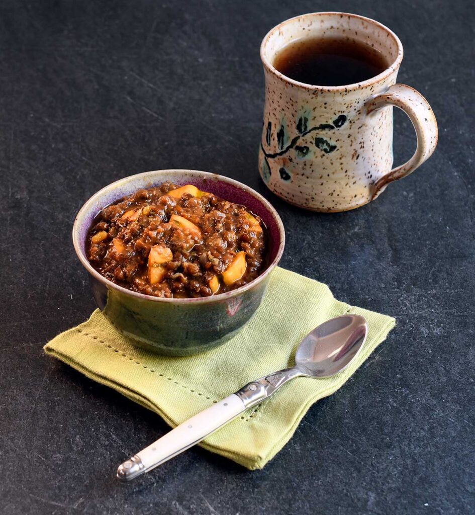 Lentil Soup with Winter Squash and Beluga Lentils and a nice cup of tea.