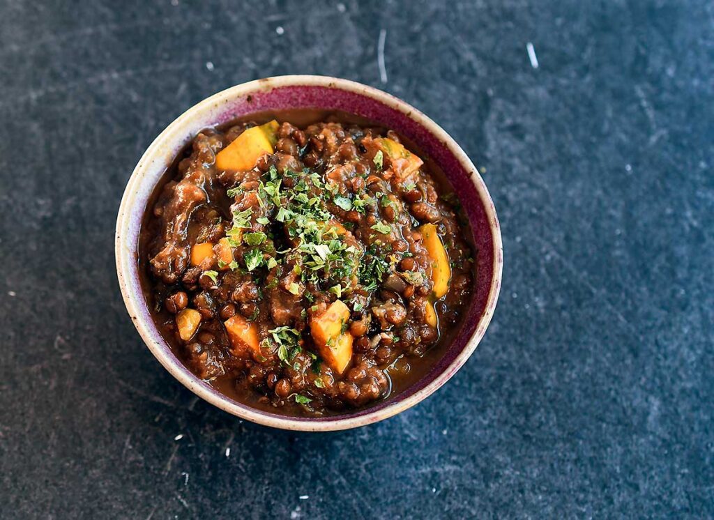 The Best Vegan Instant Pot Lentil Soup with Winter Squash and Beluga Lentils