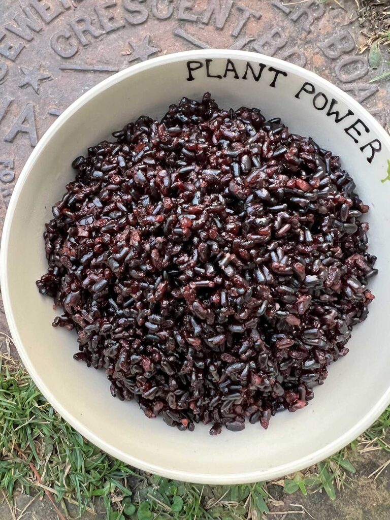 White pottery bowl with cooked black rice.