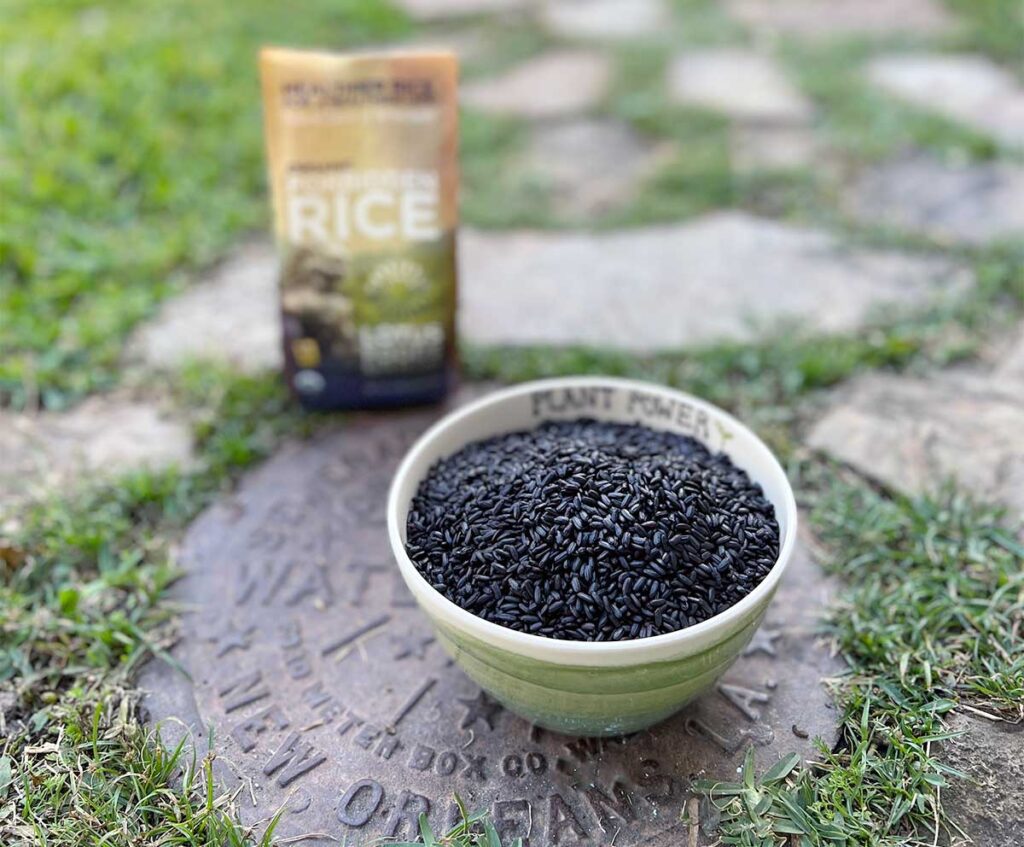 Lotus Forbidden Rice Bag in the background and a Plant Power pottery bowl full of the black rice grains.