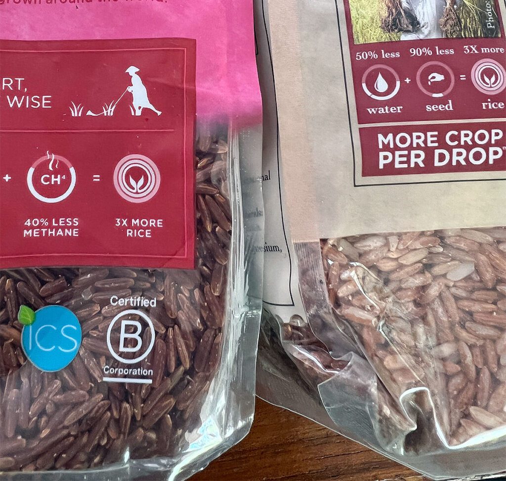 Red rice on the left and pink rice on the right.