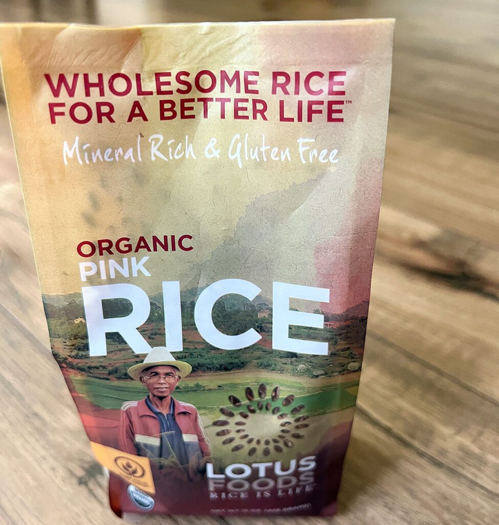 Bag of Lotus Foods organic pink rice.