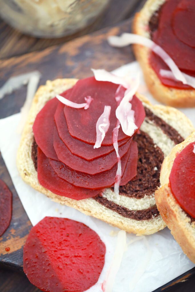 Rye swirl bread and corned beets